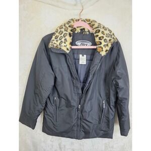 Flirt Black Puffer Jacket Leopard Faux Fur Collar Zip Up Winter Coat Womens 14
